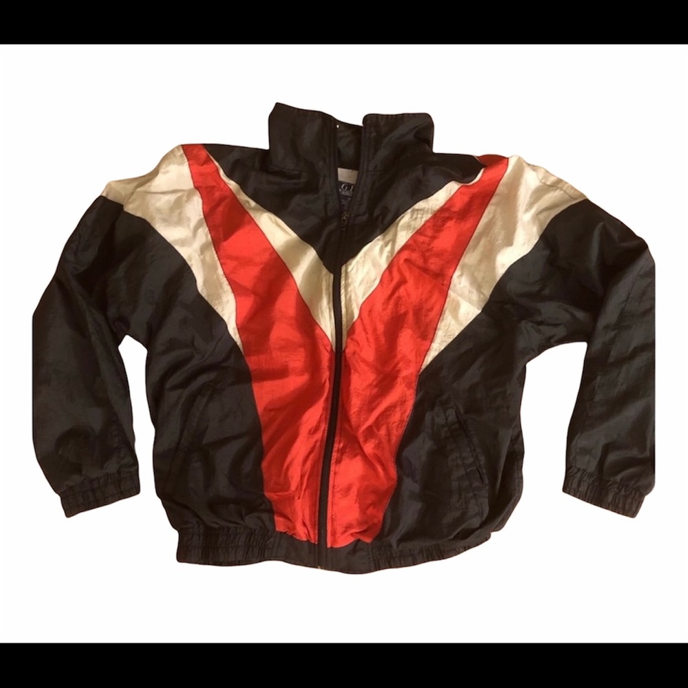 Unisex Vintage Windbreaker, Black, Red and Silver, GFC Trading Co, Medium